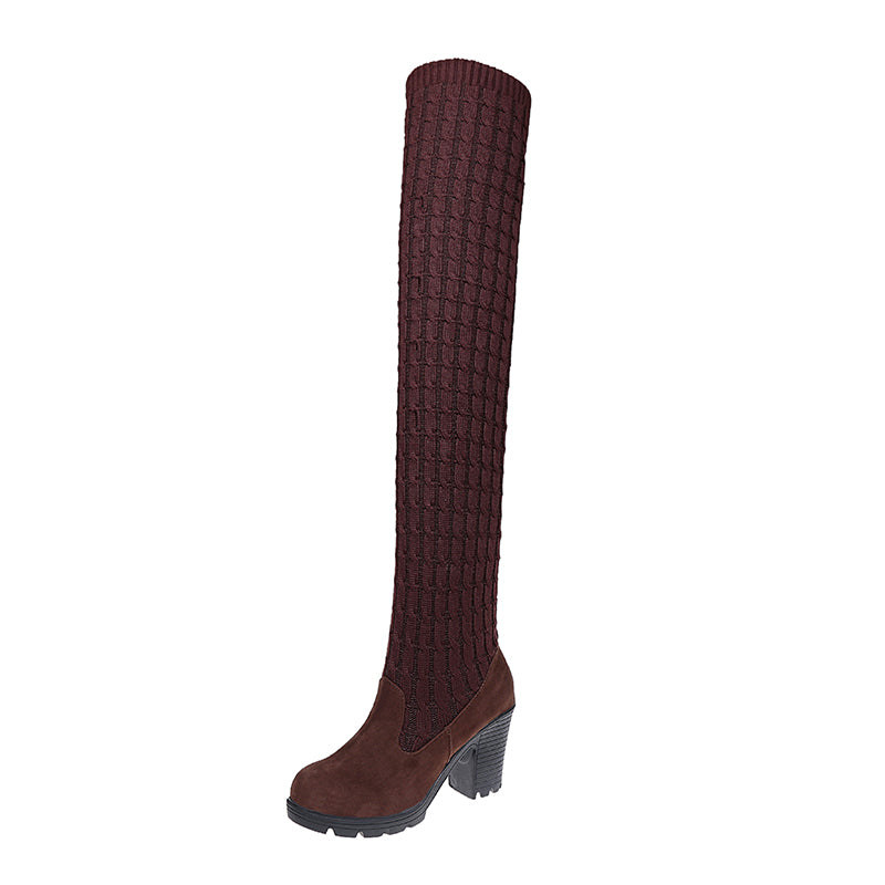 Olivia Bennett | Knit Overknee Block Heel Boots | Combineert comfort, warmte en een modern vrouwelijk silhouet