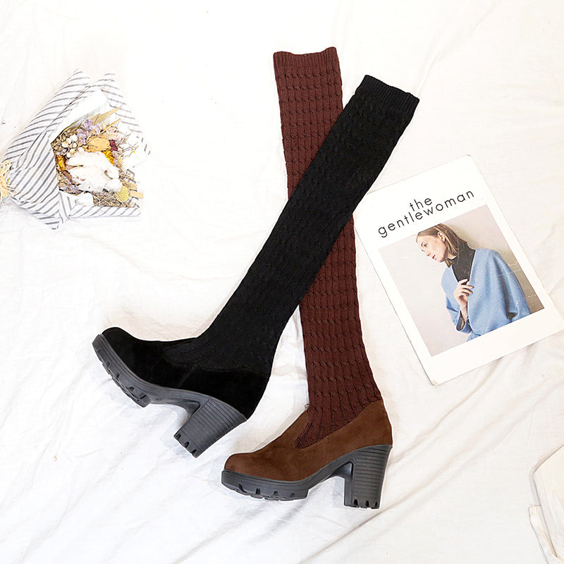 Olivia Bennett | Knit Overknee Block Heel Boots | Combineert comfort, warmte en een modern vrouwelijk silhouet