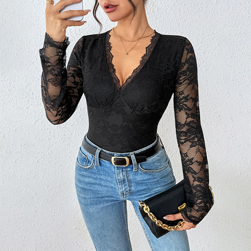 Luciana Morales | Lace V-Neck Long Sleeve Bodysuit