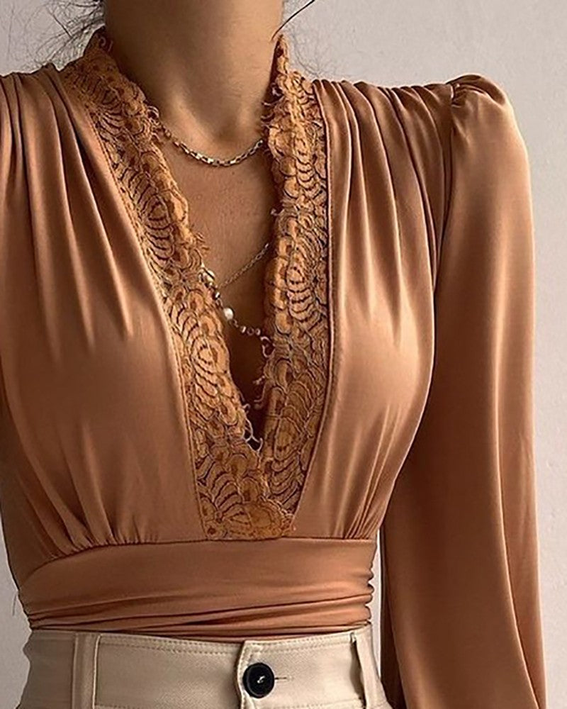 Isabela Rocha | Satin Lace V-Neck Blouse