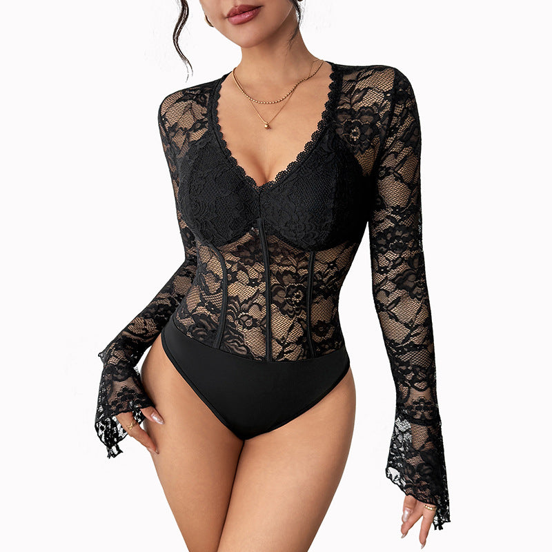 Valentina Cruz | Lace Corset Long Sleeve Bodysuit