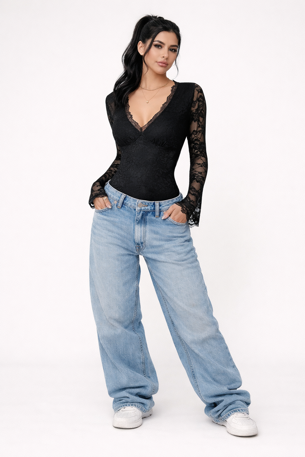 Luciana Morales | Lace V-Neck Long Sleeve Bodysuit