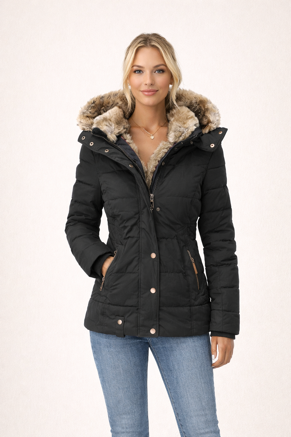 Zwarte gewatteerde dames winterjas met luxe faux fur capuchon en getailleerde pasvorm in Scandinavische stijl