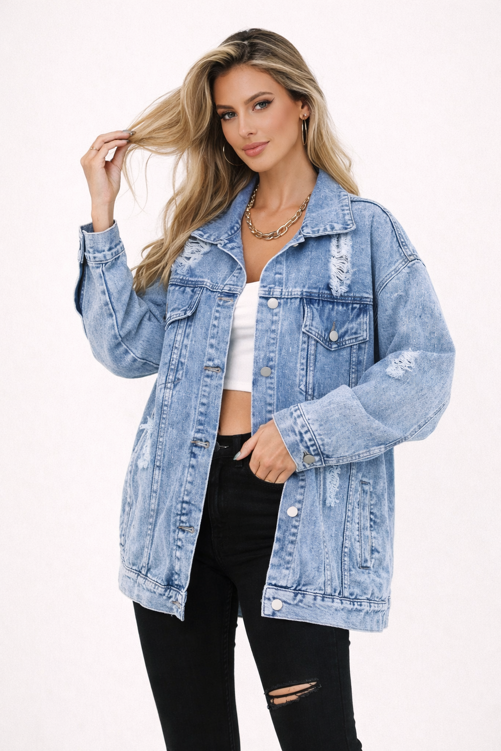Lichtblauwe oversized denim damesjas met stoere wassing en casual fit