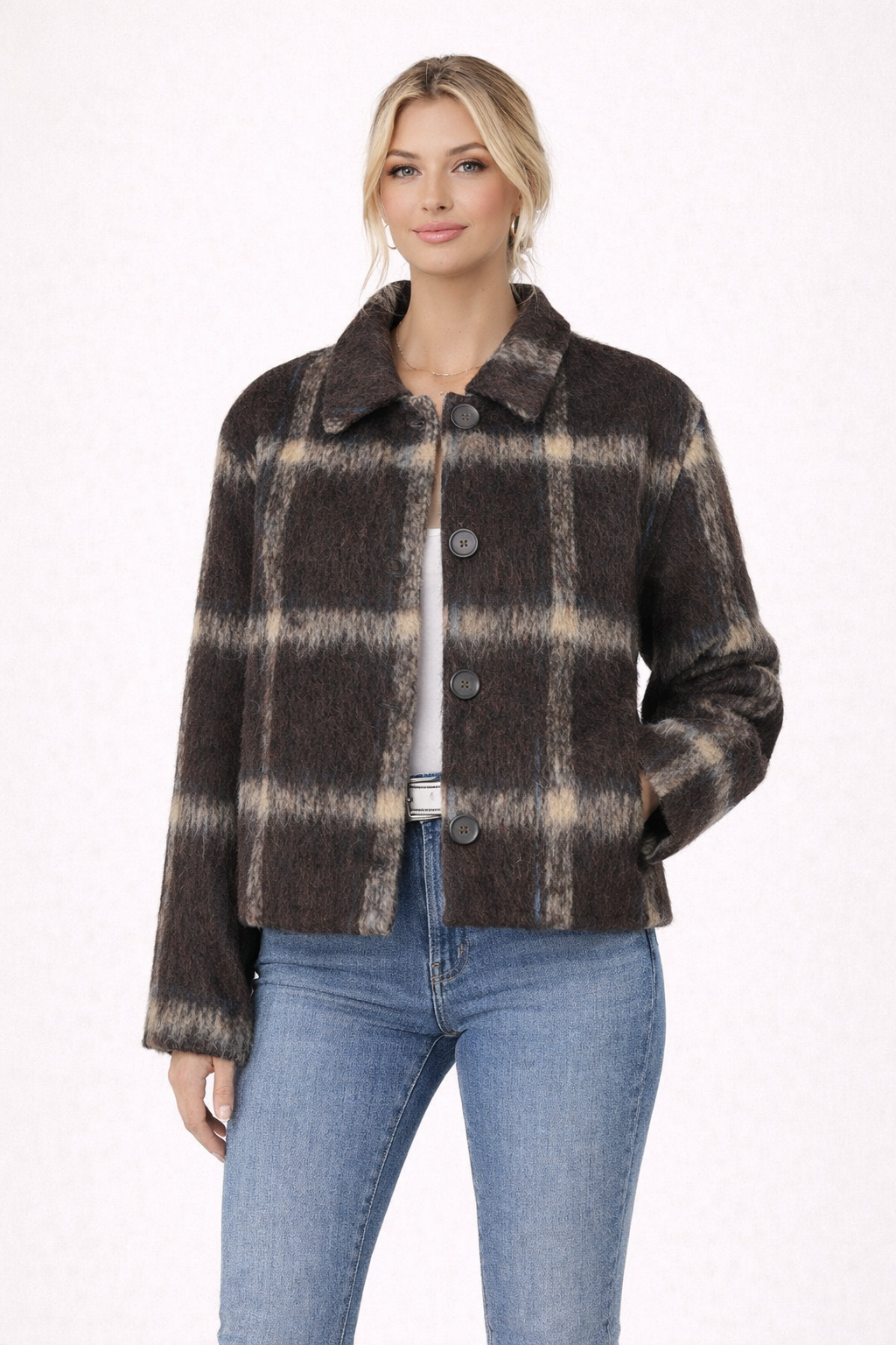 Cropped dames jacket met ruitpatroon in bruin en beige, stijlvolle korte jas met knoopsluiting voor elegante outfits