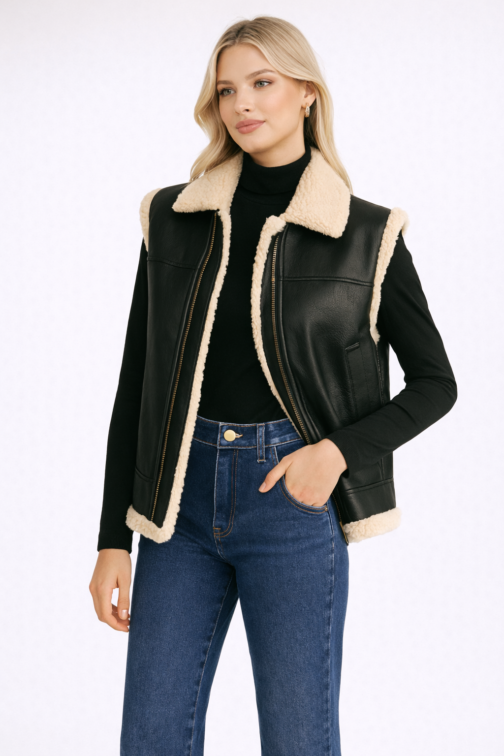 Audrey | Teddy Gevoerd Vest met Faux Leren Mouwen