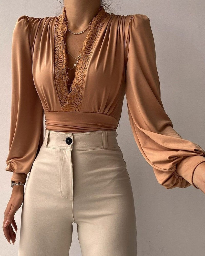 Isabela Rocha | Satin Lace V-Neck Blouse