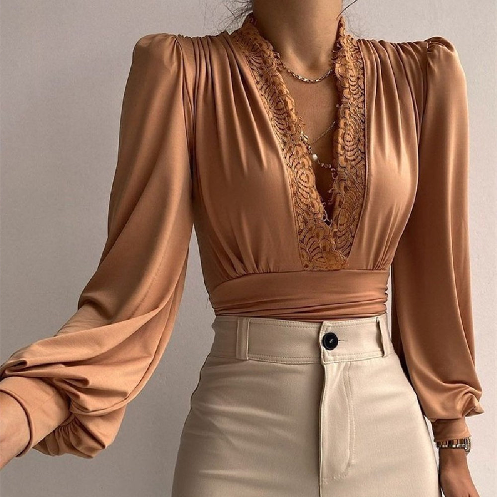 Isabela Rocha | Satin Lace V-Neck Blouse