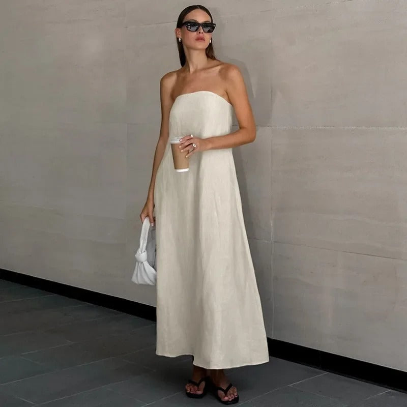Serenelle | Strapless Linen Maxi Jurk | Omarm pure minimalistische luxe