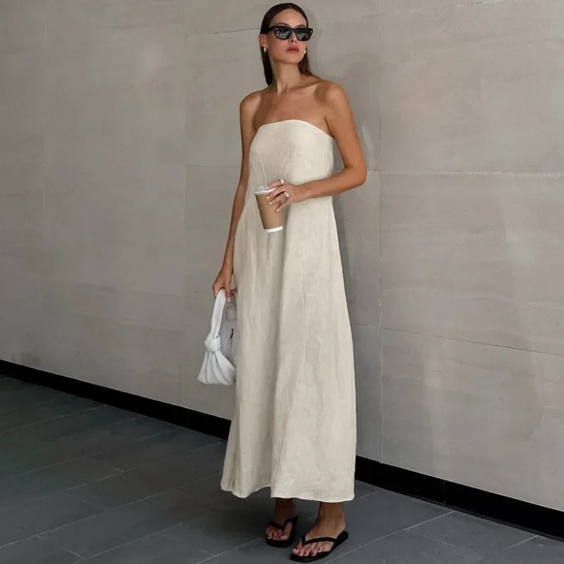 Serenelle | Strapless Linen Maxi Jurk | Omarm pure minimalistische luxe