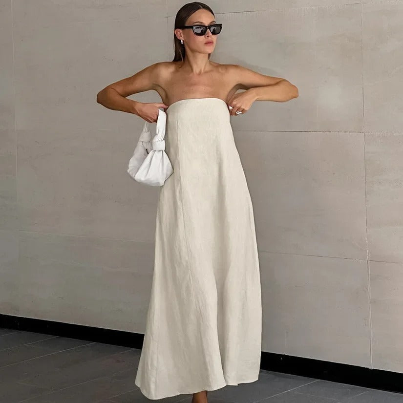 Serenelle | Strapless Linen Maxi Jurk | Omarm pure minimalistische luxe